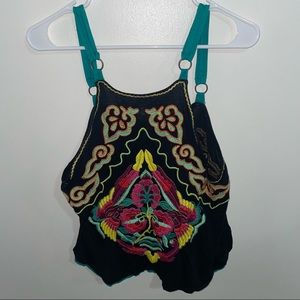 Free People Black Tank Top with Colorful Embroidery